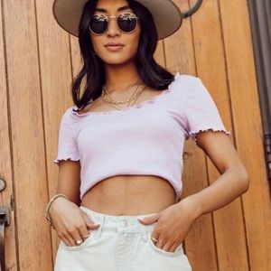 Vero Moda Bohme | Lavender Crop Top Lettuce Edge Ribbed Boat Wide Neck T Shirt